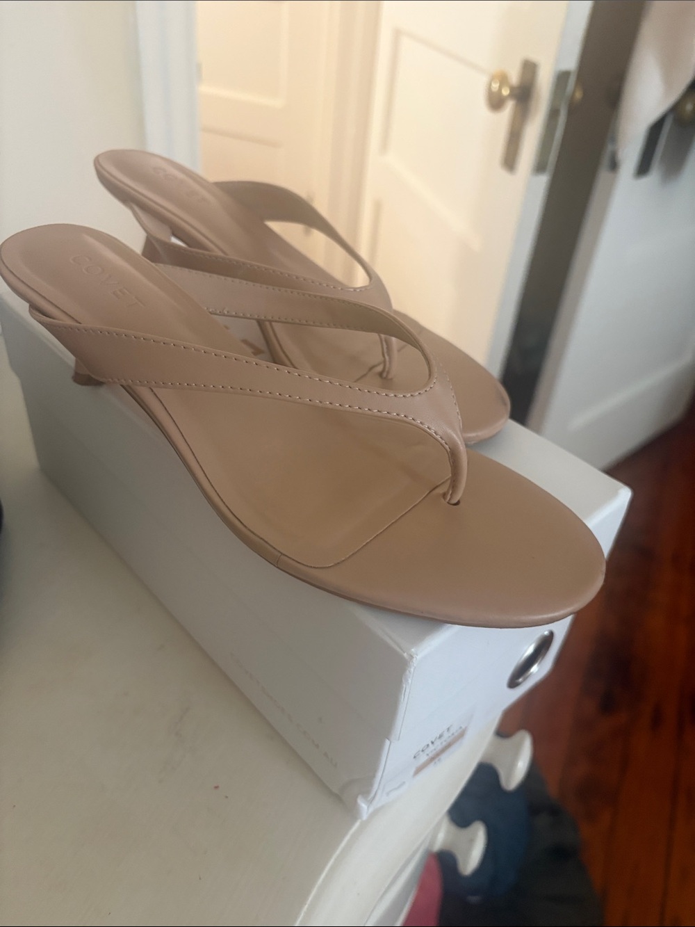 Neutral Beige Thong Kitten Heel Sandals by Cove